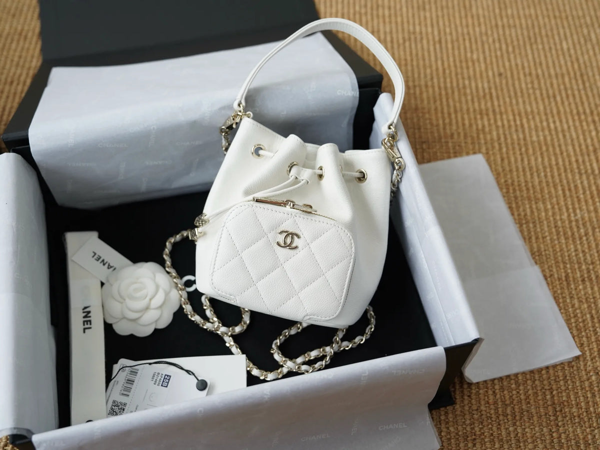 25B Mini Caviar Leather Chain Drawstring Bucket Bag