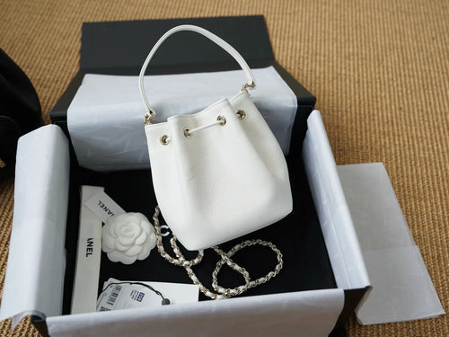 25B Mini Caviar Leather Chain Drawstring Bucket Bag