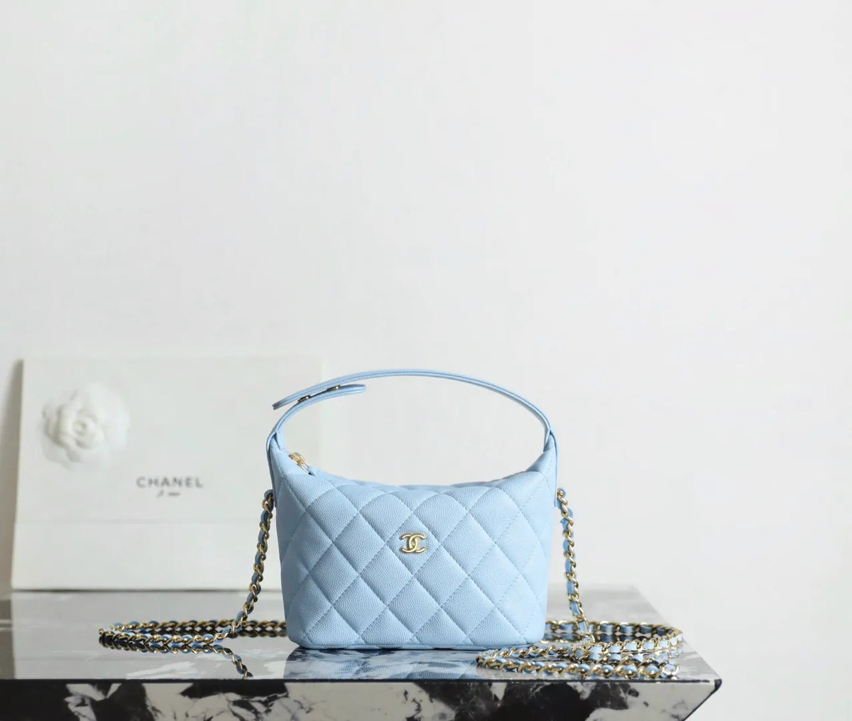 26A Quilted Hobo Lunchbox Handbag Caviar Leather BB Blue