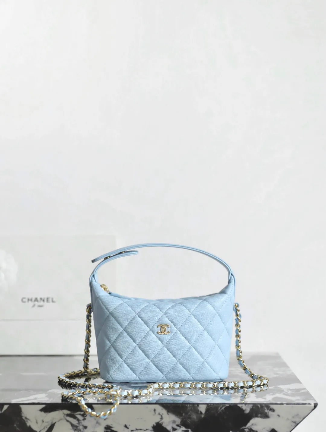 26A Quilted Hobo Lunchbox Handbag Caviar Leather BB Blue