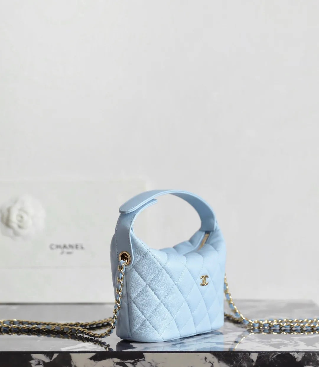 26A Quilted Hobo Lunchbox Handbag Caviar Leather BB Blue