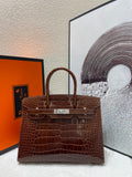 Birkin 30 Shiny Alligator Leather Handbag Caramel Brown