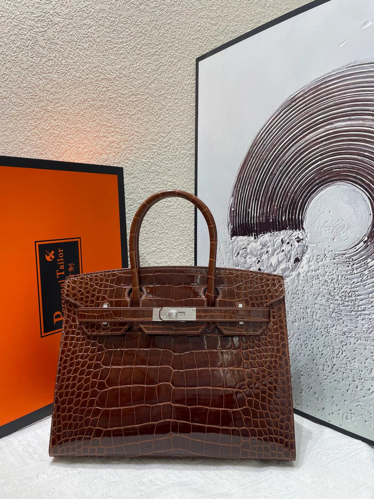 Birkin 30 Shiny Alligator Leather Handbag Caramel Brown
