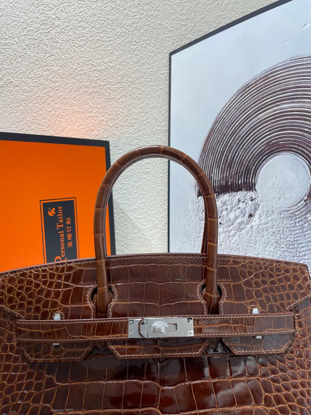 Birkin 30 Shiny Alligator Leather Handbag Caramel Brown