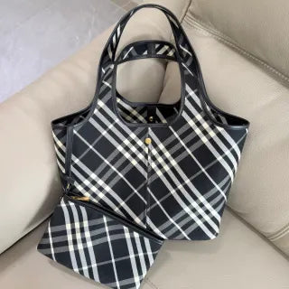 Burberry Check Tote Bag Cotton Twill Leather 203402050650