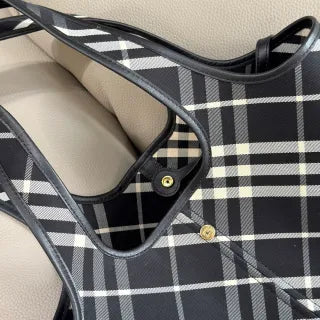 Burberry Check Tote Bag Cotton Twill Leather 203402050650