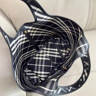 Burberry Check Tote Bag Cotton Twill Leather 203402050650