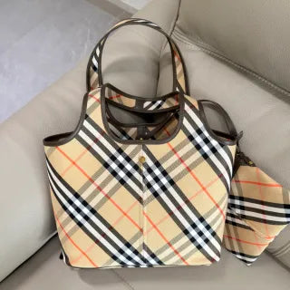 Burberry Vintage Check Cotton Leather Tote Handbag 203402050650