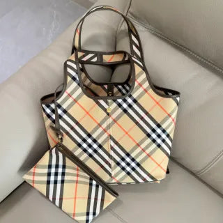 Burberry Vintage Check Cotton Leather Tote Handbag 203402050650