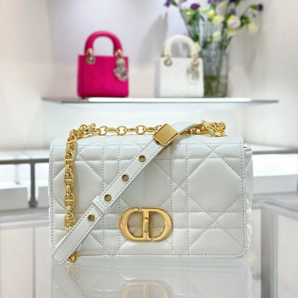 CD Caro 20 Cannage Lambskin Small Shoulder Bag White 135374