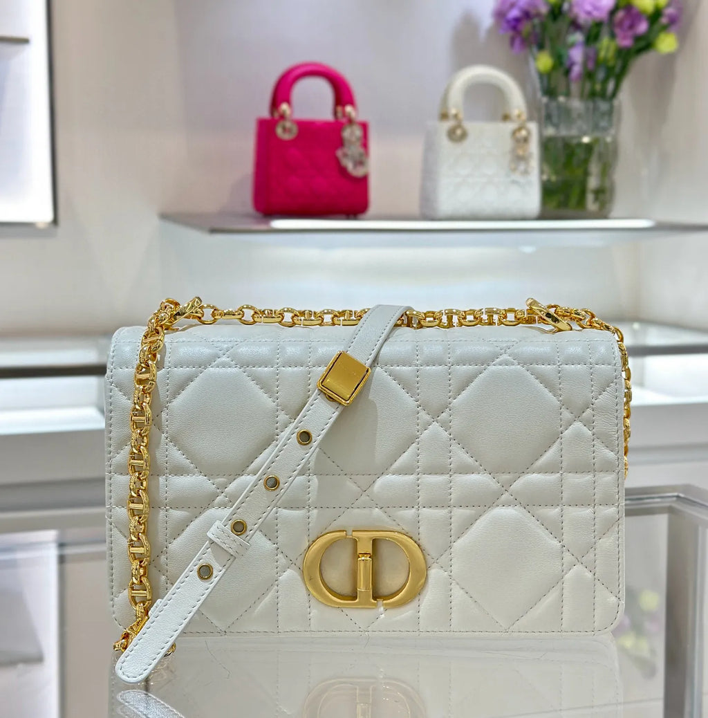 CD Caro Cannage Chain Shoulder Bag White 135384