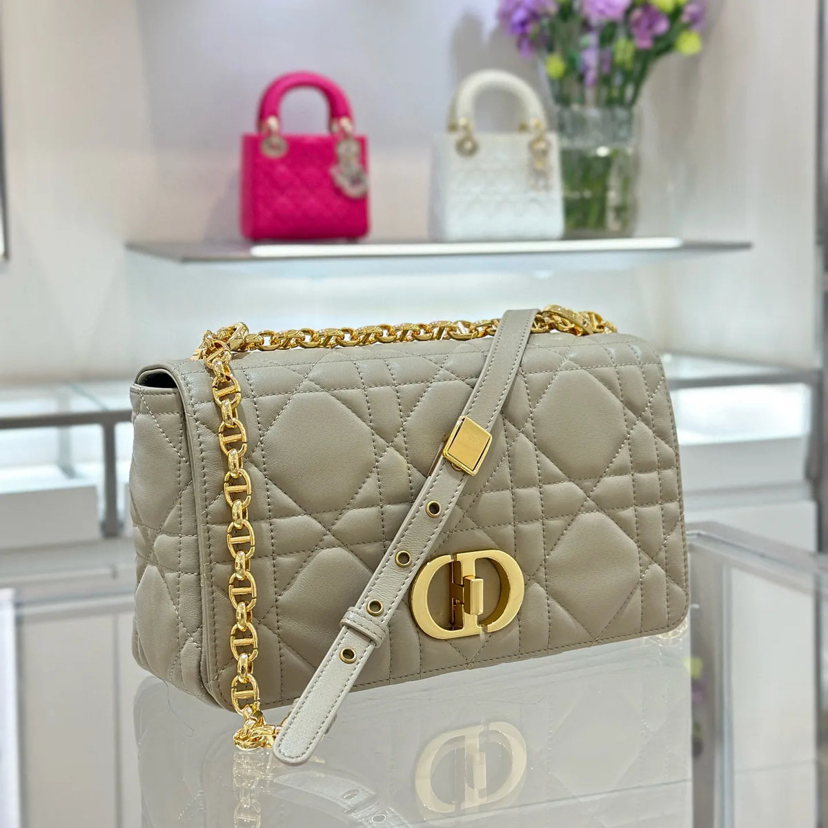 CD Caro Medium Cannage Lambskin Flap Shoulder Bag Black 135389