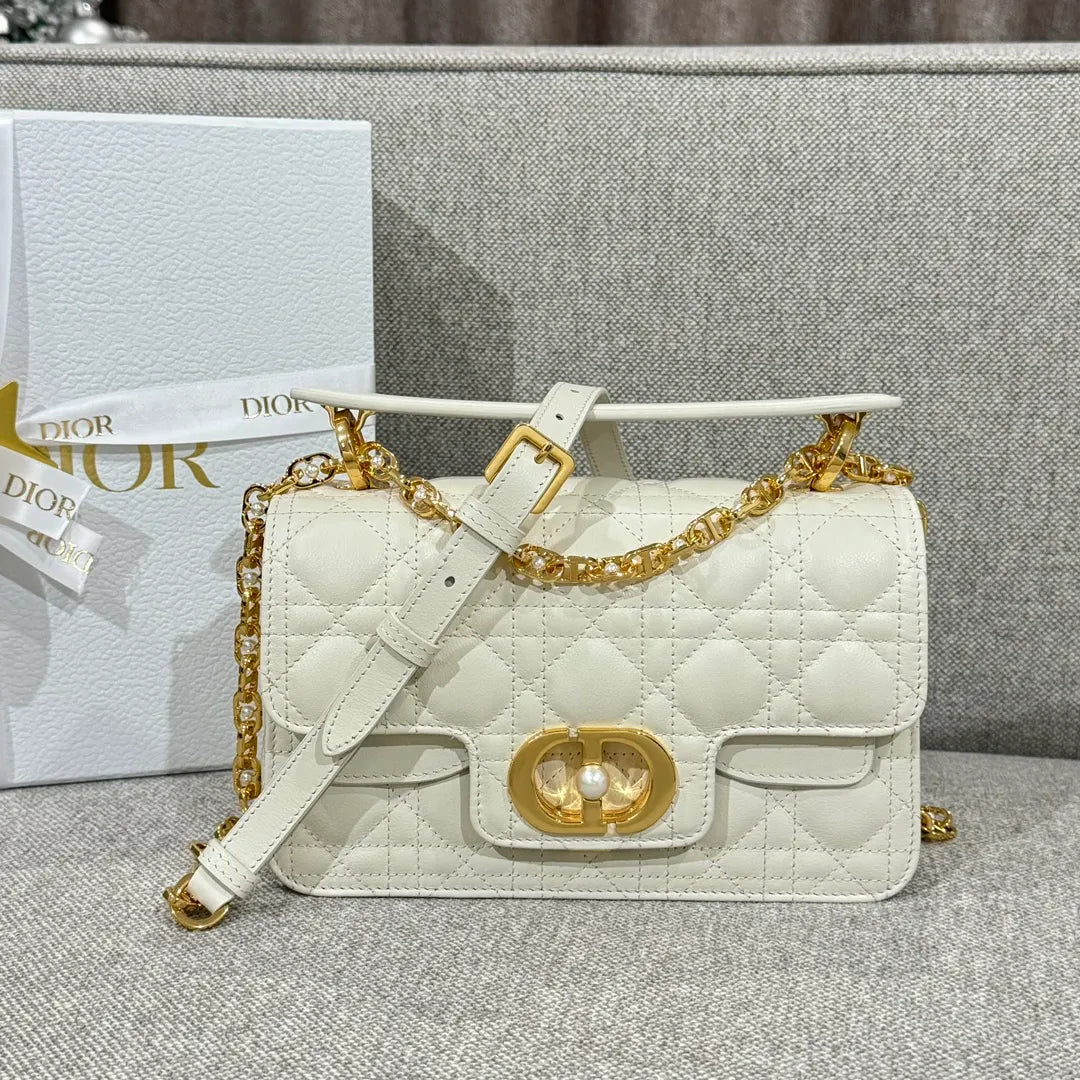 CD Jolie Cannage Calfskin Shoulder Bag Off-White
