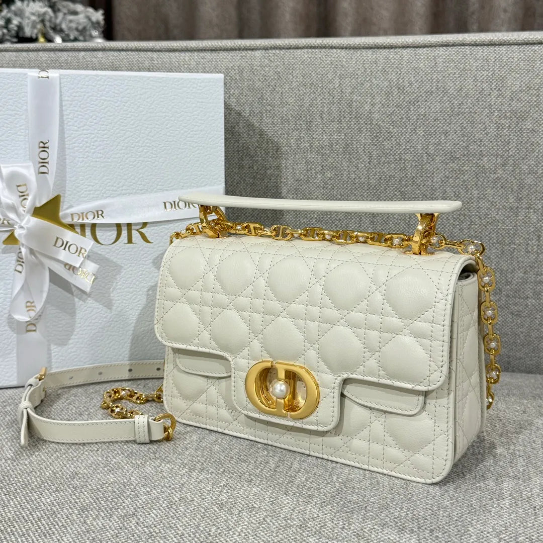 CD Jolie Cannage Calfskin Shoulder Bag Off-White