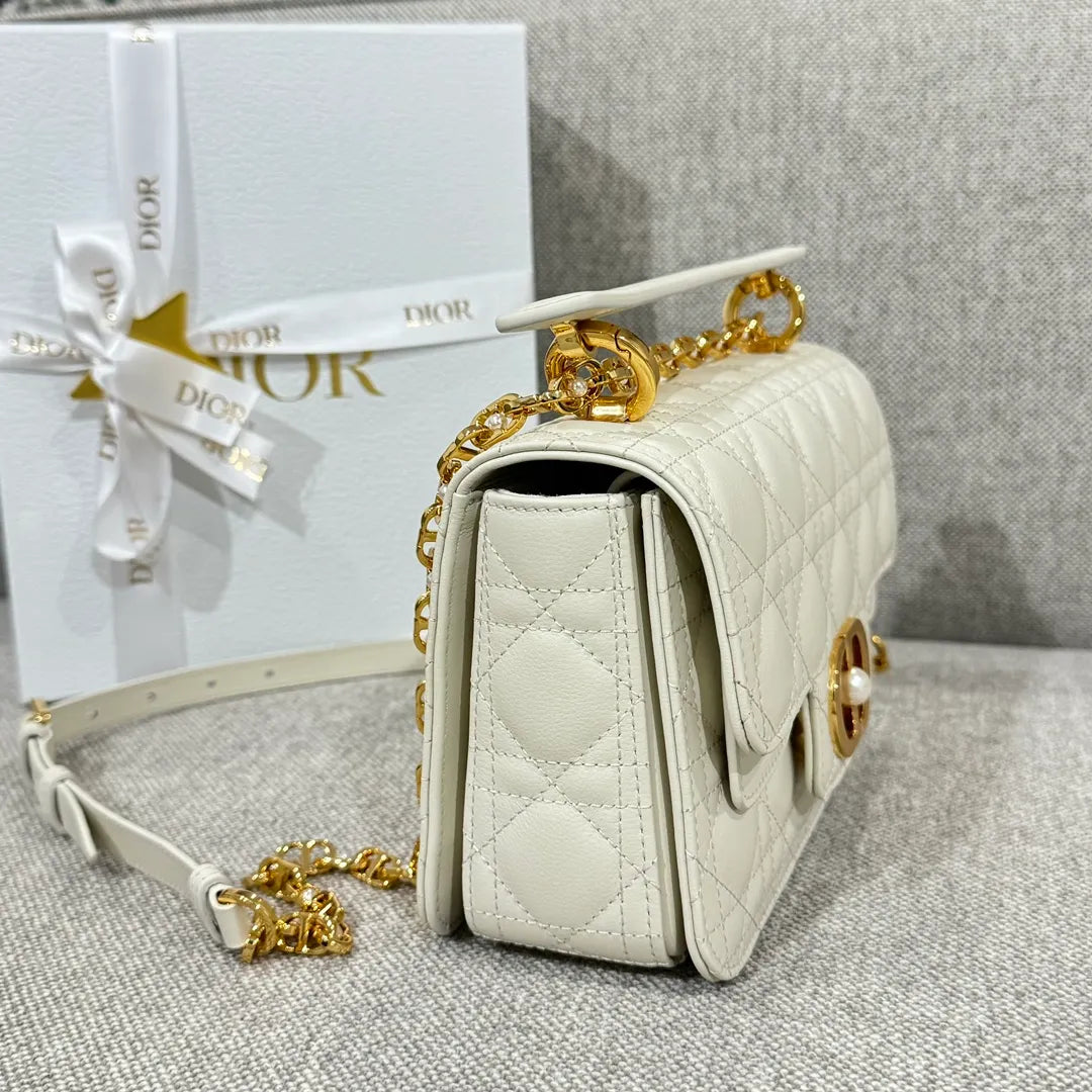 CD Jolie Cannage Calfskin Shoulder Bag Off-White