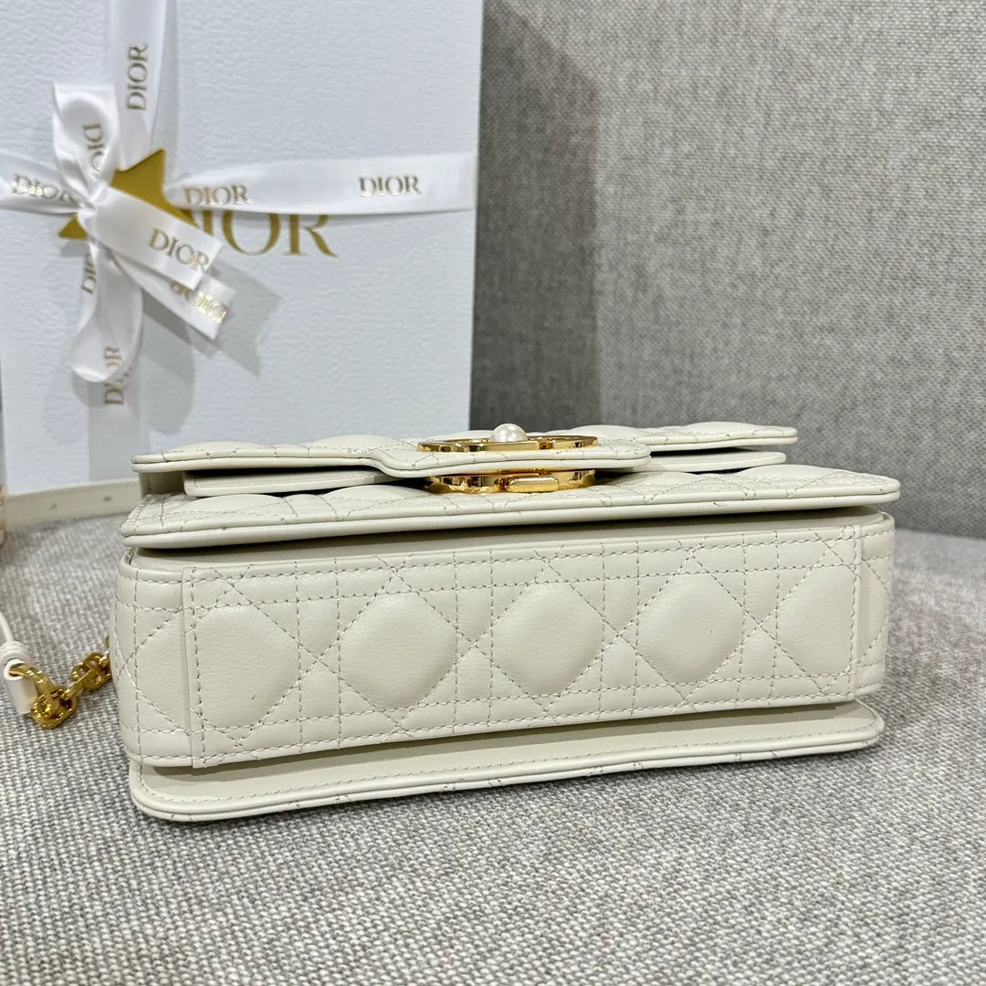 CD Jolie Cannage Calfskin Shoulder Bag Off-White