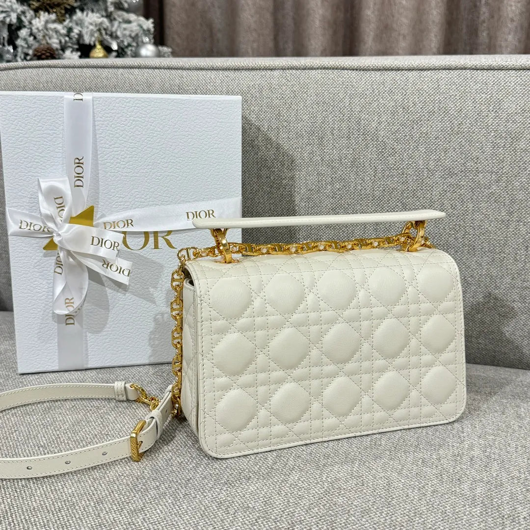 CD Jolie Cannage Calfskin Shoulder Bag Off-White