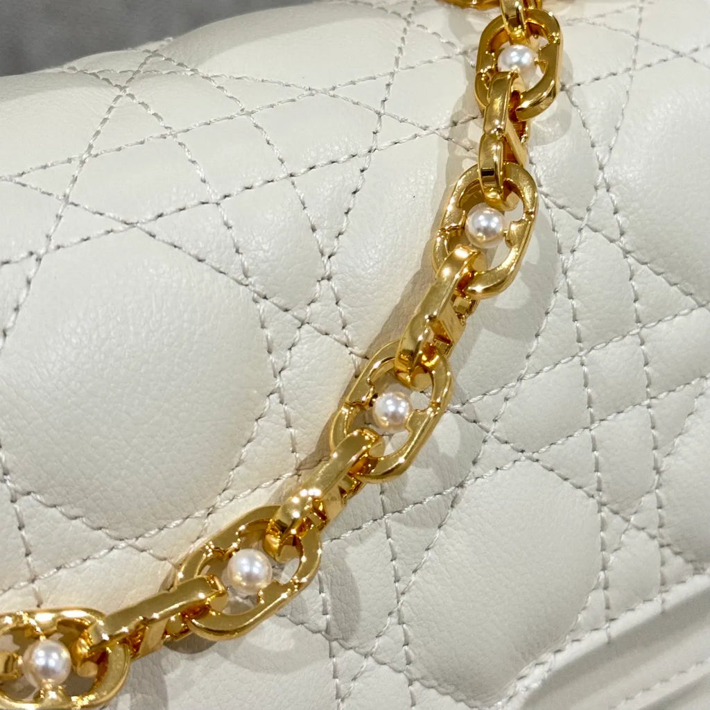 CD Jolie Cannage Calfskin Shoulder Bag Off-White