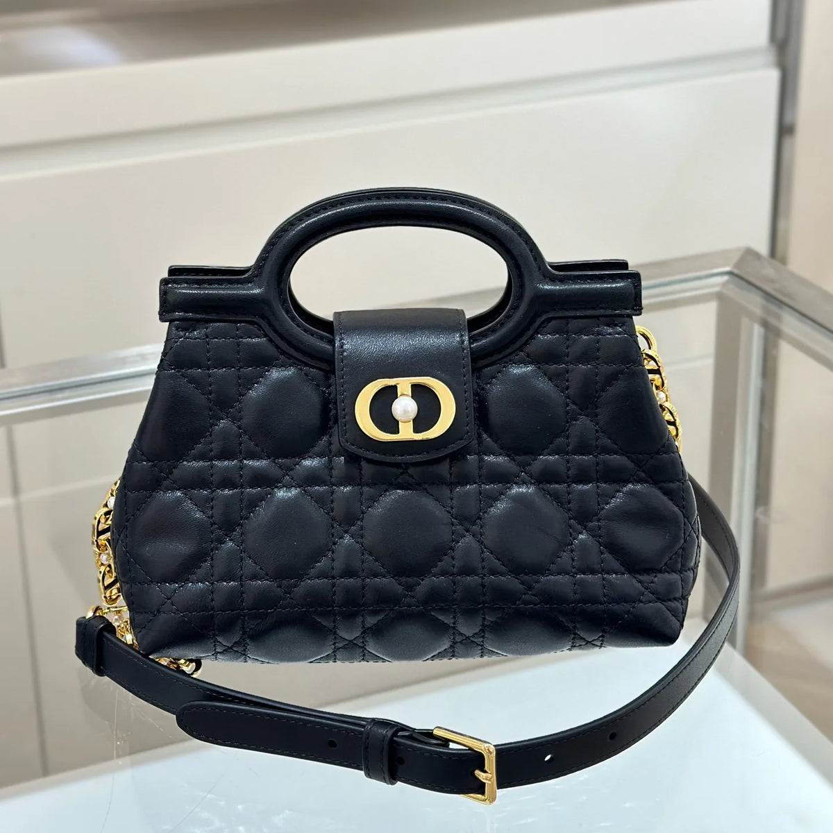 CD Julie Cannage Lambskin Mini Handbag Black 135340