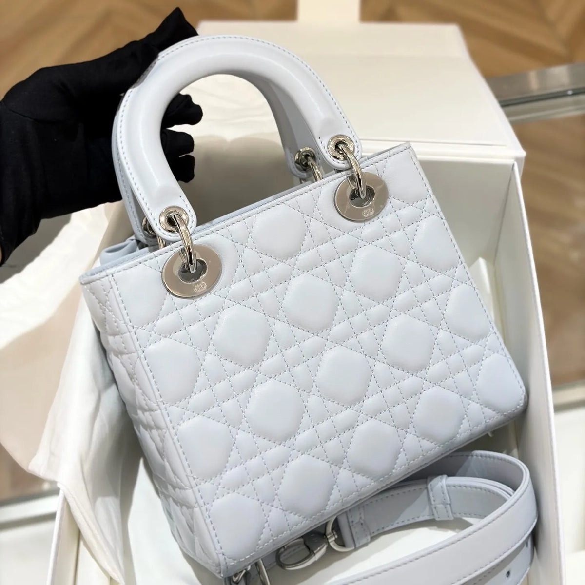 CD Lady 20 Bow Lambskin Crossbody Shoulder Bag Glacier Blue