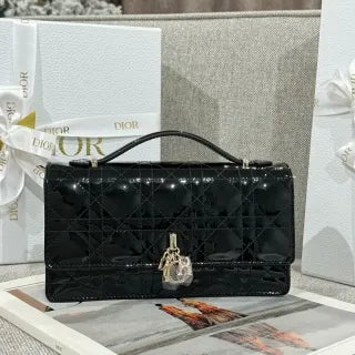 CD Pearl WOC Patent Leather Flap Shoulder Bag Black 135408