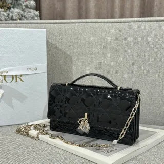 CD Pearl WOC Patent Leather Flap Shoulder Bag Black 135408