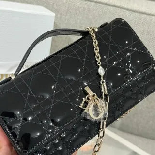 CD Pearl WOC Patent Leather Flap Shoulder Bag Black 135408