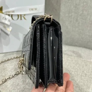 CD Pearl WOC Patent Leather Flap Shoulder Bag Black 135408