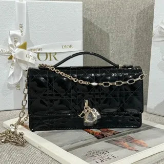 CD Pearl WOC Patent Leather Flap Shoulder Bag Black 135408