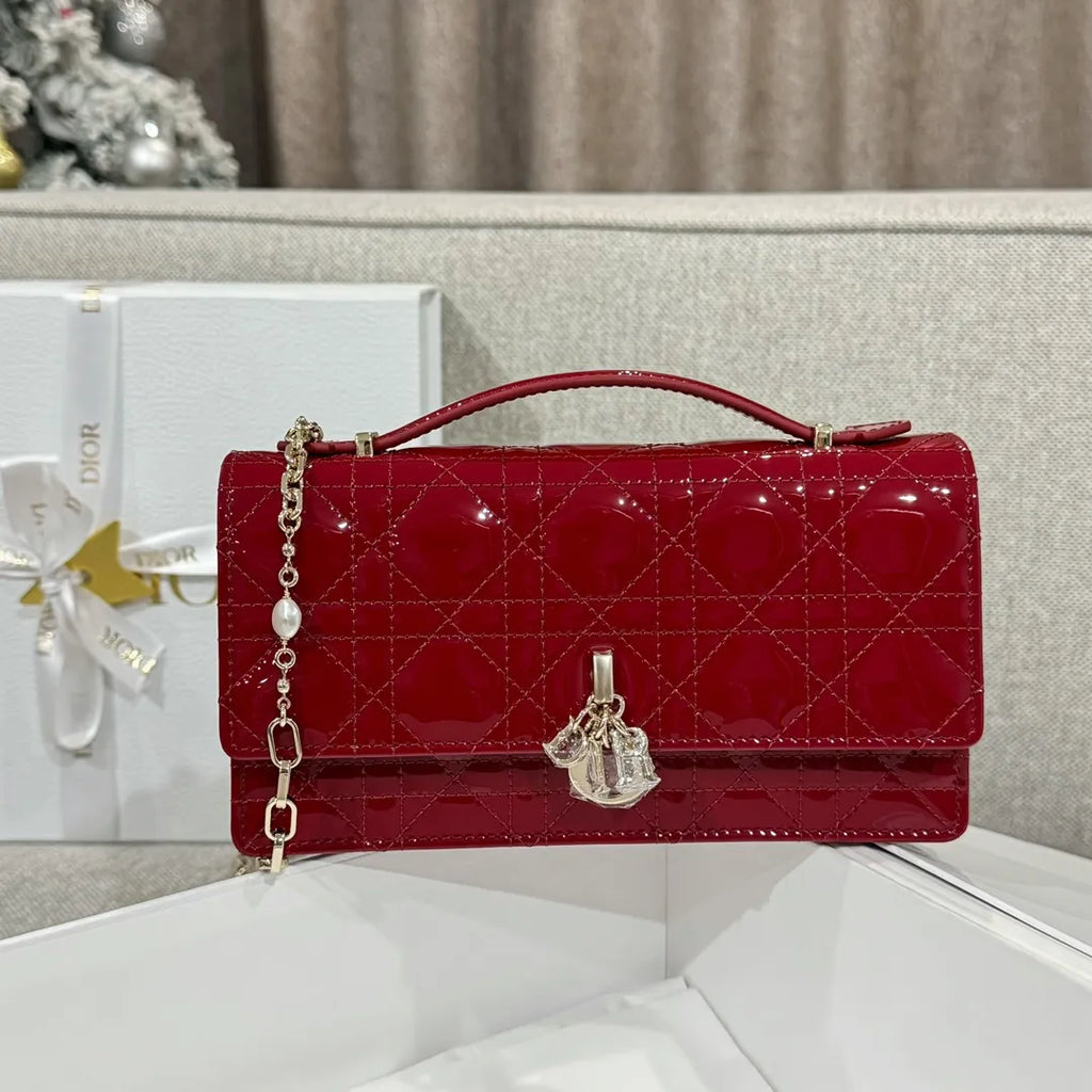 CD Pearl WOC Patent Leather Flap Shoulder Bag Wine Red