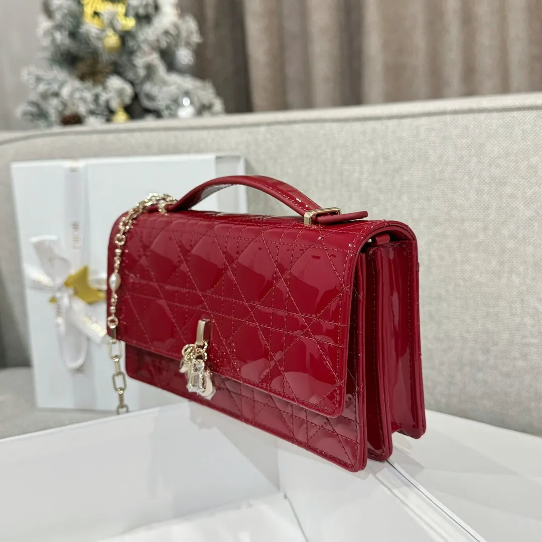 CD Pearl WOC Patent Leather Flap Shoulder Bag Wine Red