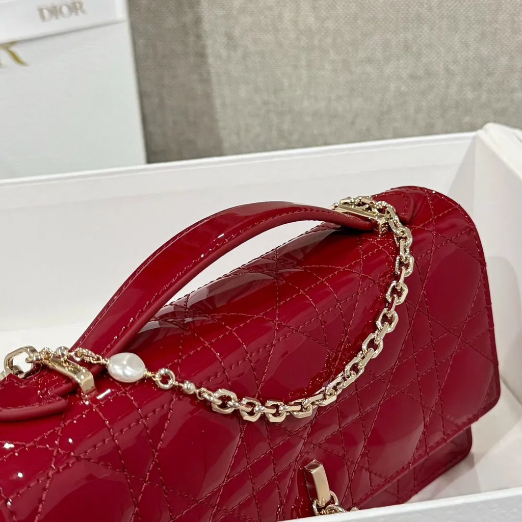 CD Pearl WOC Patent Leather Flap Shoulder Bag Wine Red