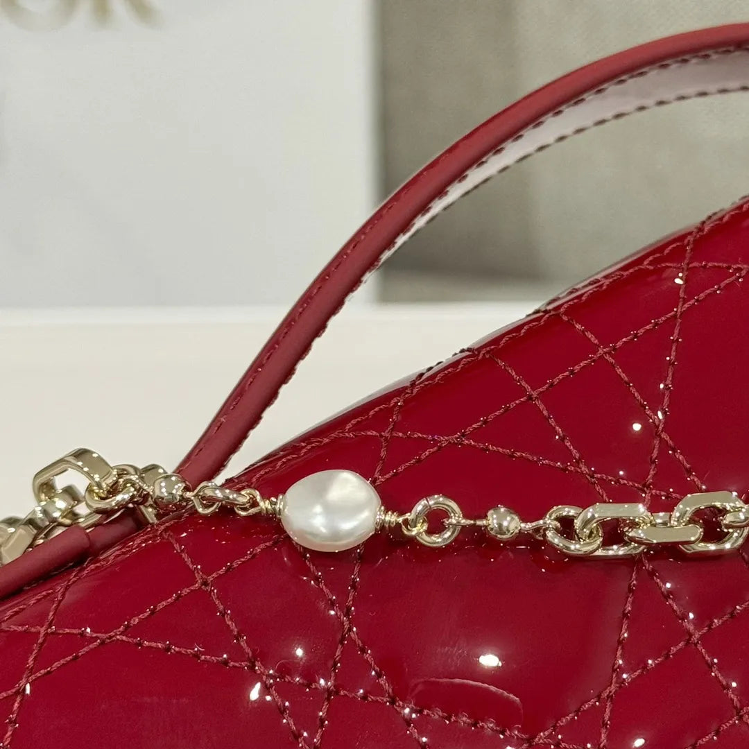 CD Pearl WOC Patent Leather Flap Shoulder Bag Wine Red