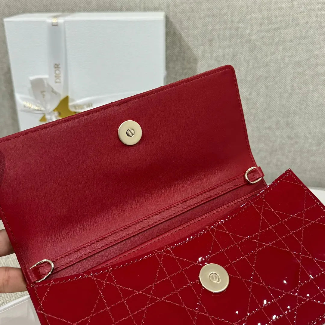 CD Pearl WOC Patent Leather Flap Shoulder Bag Wine Red