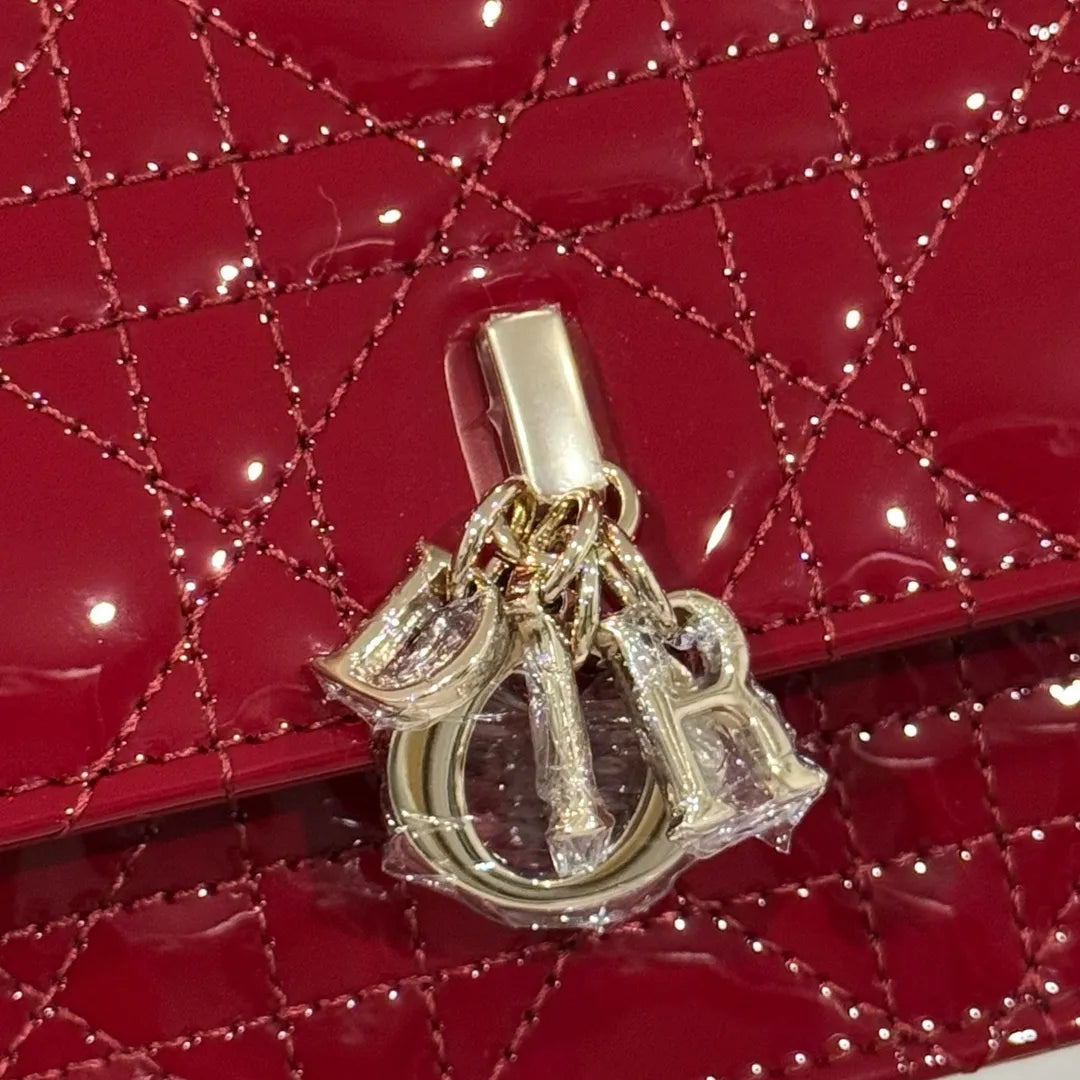 CD Pearl WOC Patent Leather Flap Shoulder Bag Wine Red