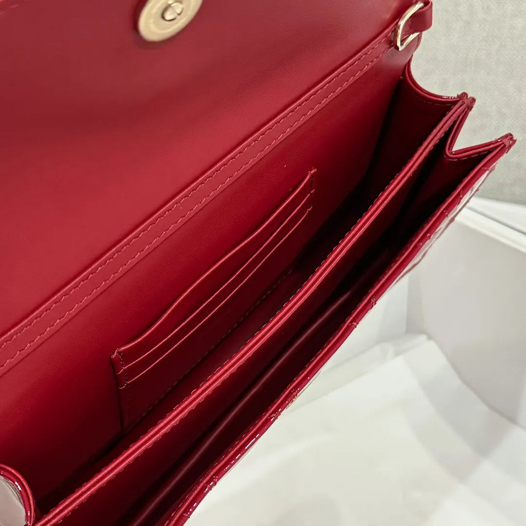 CD Pearl WOC Patent Leather Flap Shoulder Bag Wine Red