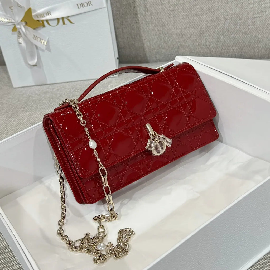 CD Pearl WOC Patent Leather Flap Shoulder Bag Wine Red