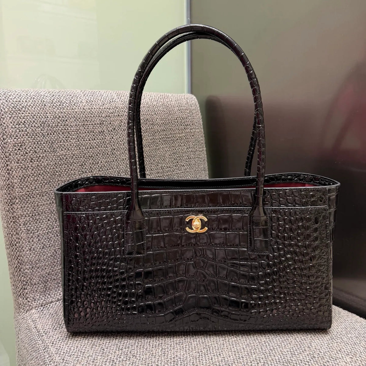 Ch@nel Crocodile Embossed Leather Shoulder Bag