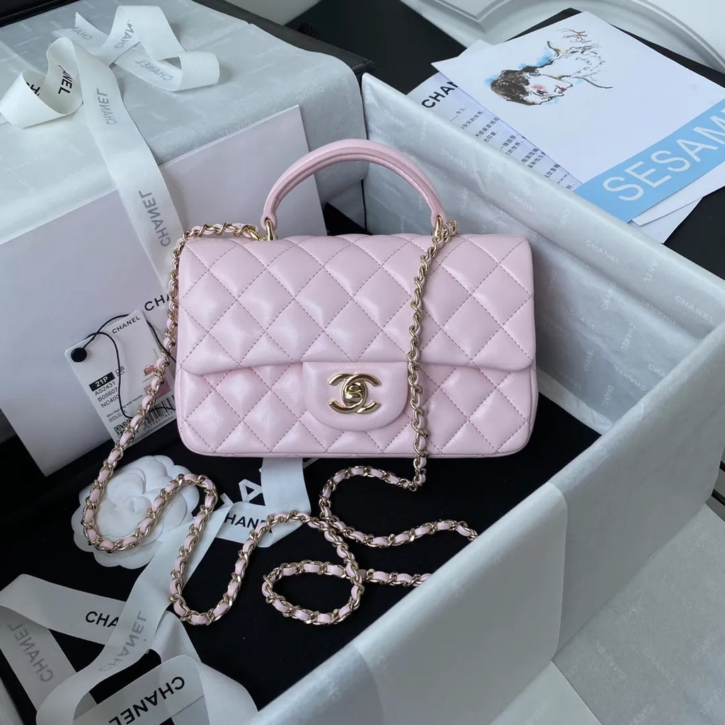 Chanel 21K Mini CF Handle Handbag Light Gold Lambskin AS2431