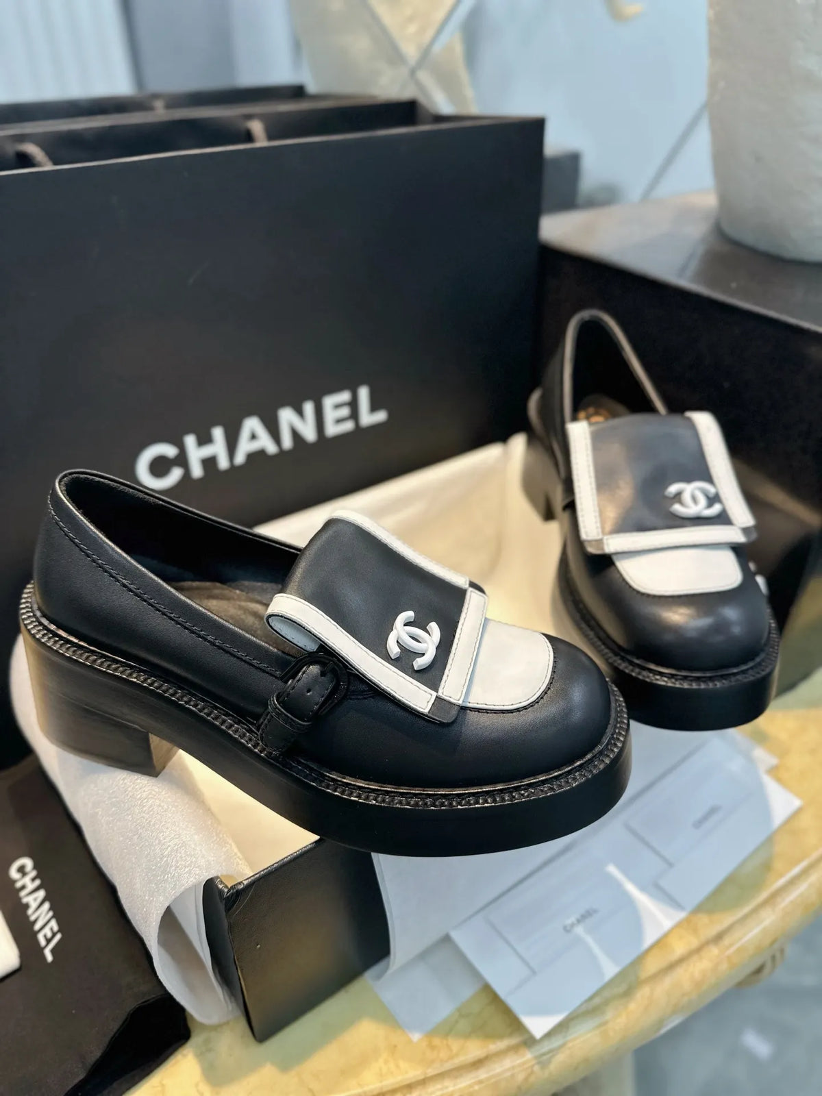 Chanel 24B Black and White Panda Platform Loafers 543545