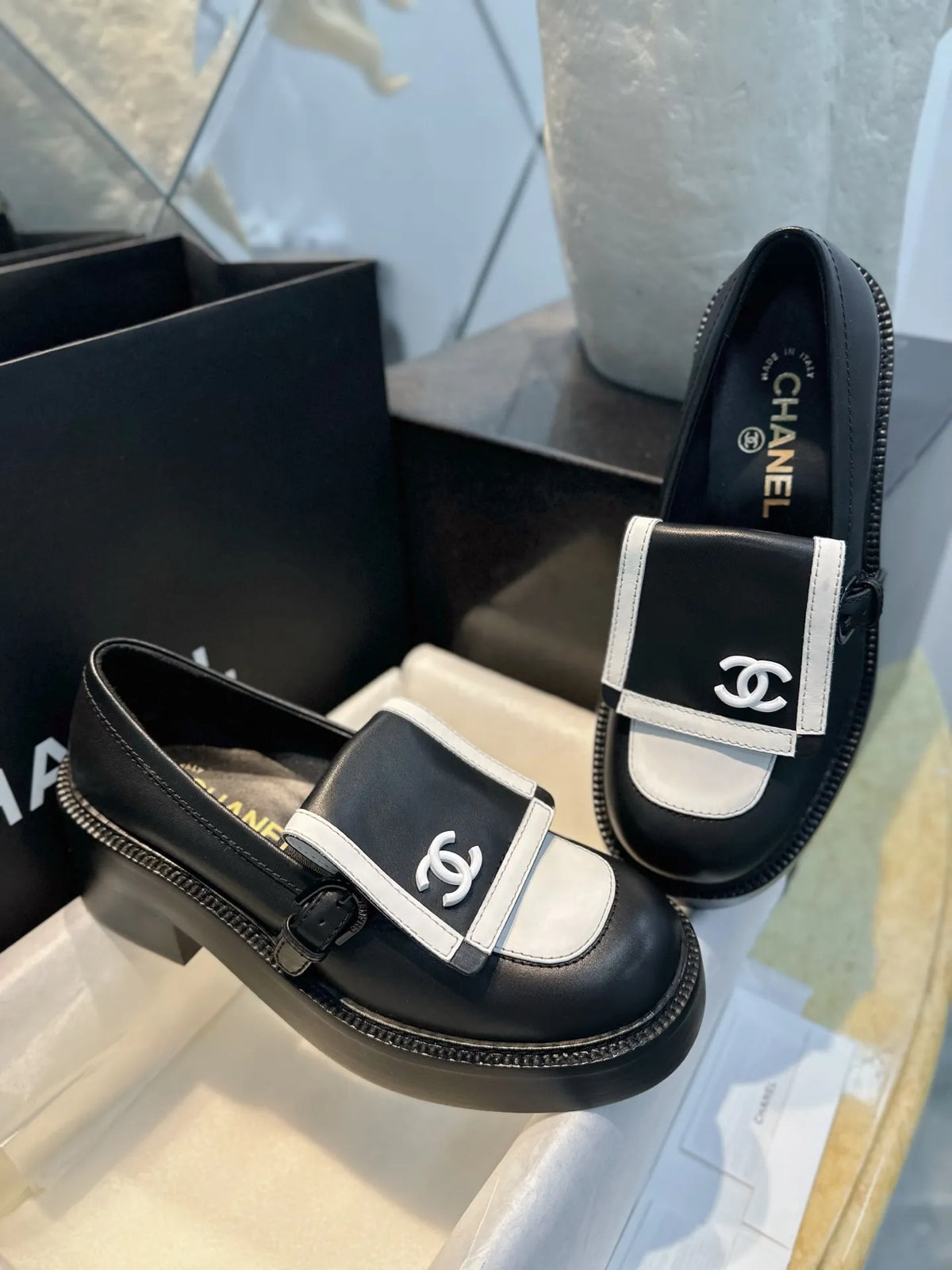 Chanel 24B Black and White Panda Platform Loafers 543545