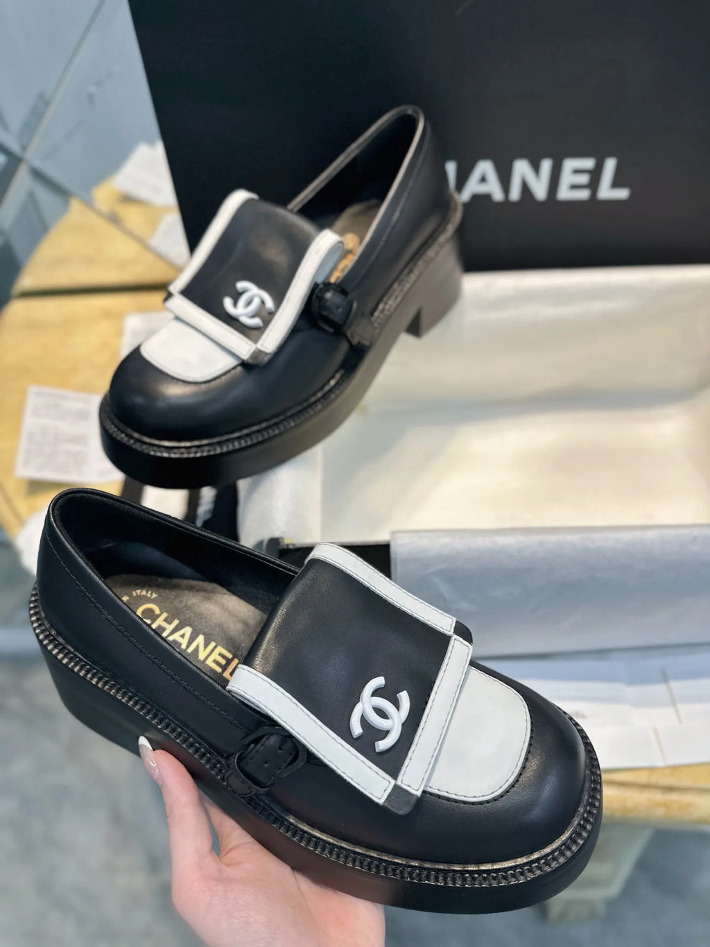 Chanel 24B Black and White Panda Platform Loafers 543545