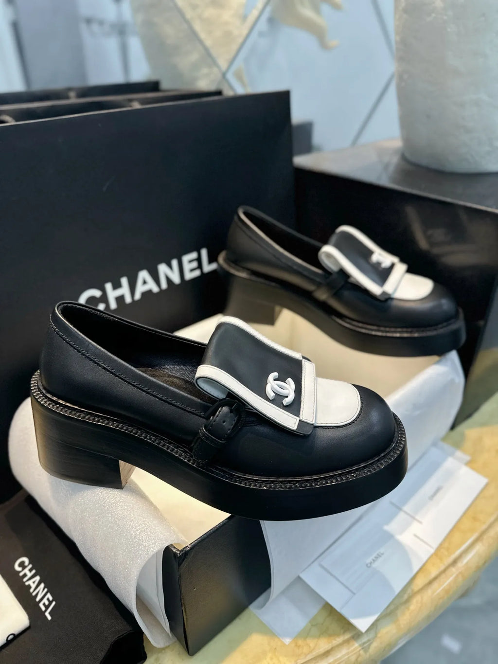 Chanel 24B Black and White Panda Platform Loafers 543545