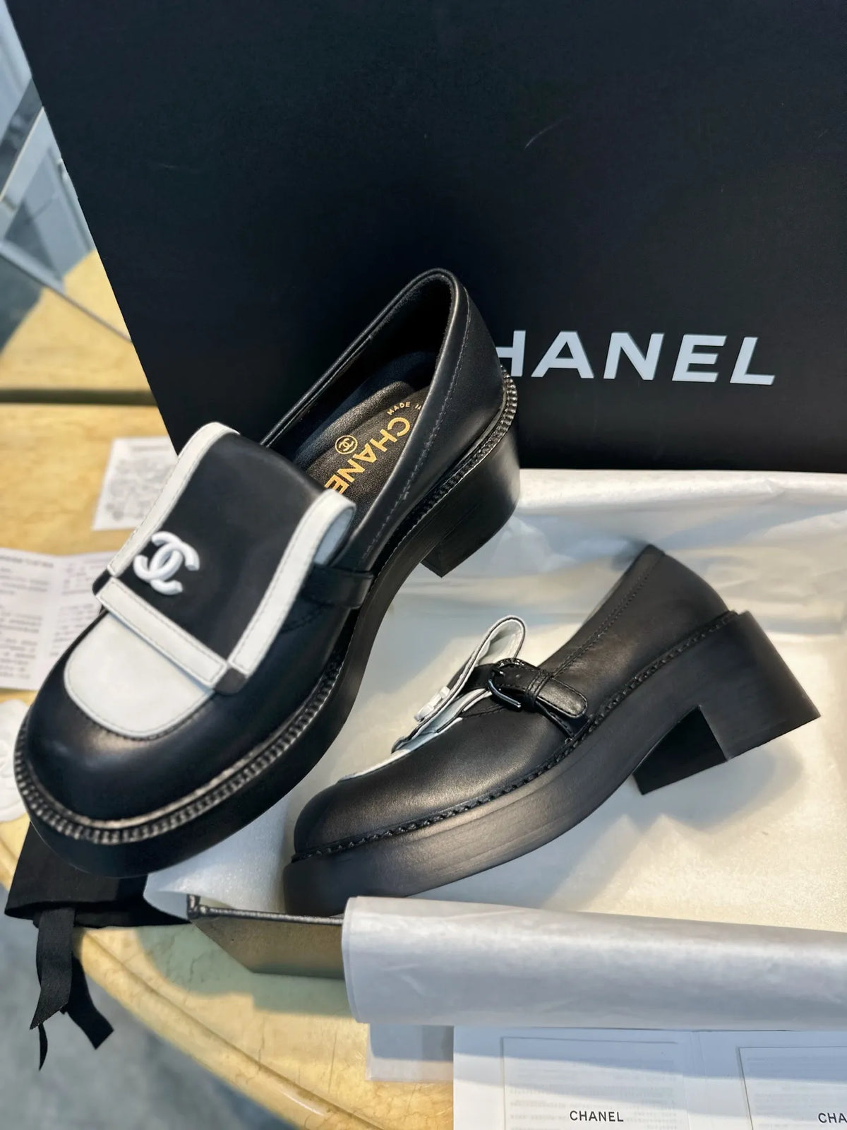 Chanel 24B Black and White Panda Platform Loafers 543545