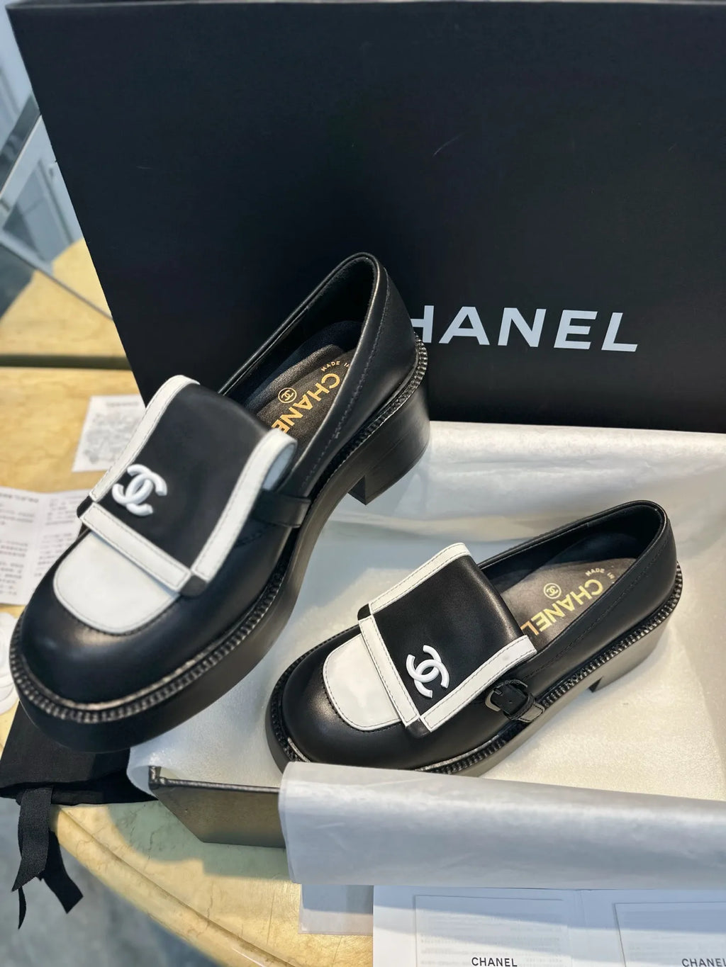 Chanel 24B Black and White Panda Platform Loafers 543545