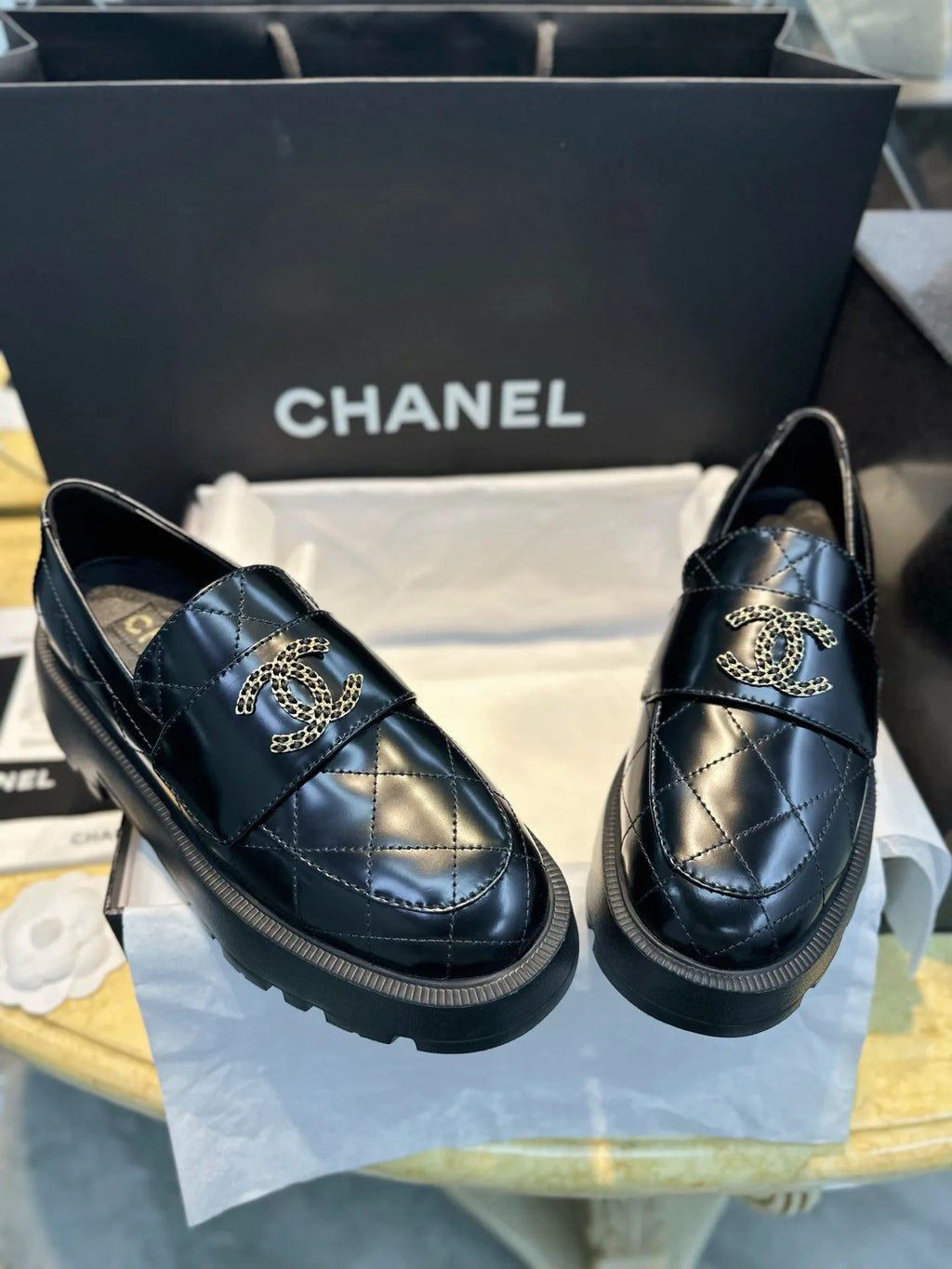 Chanel 24B Diamond Pattern Platform Loafers 543492