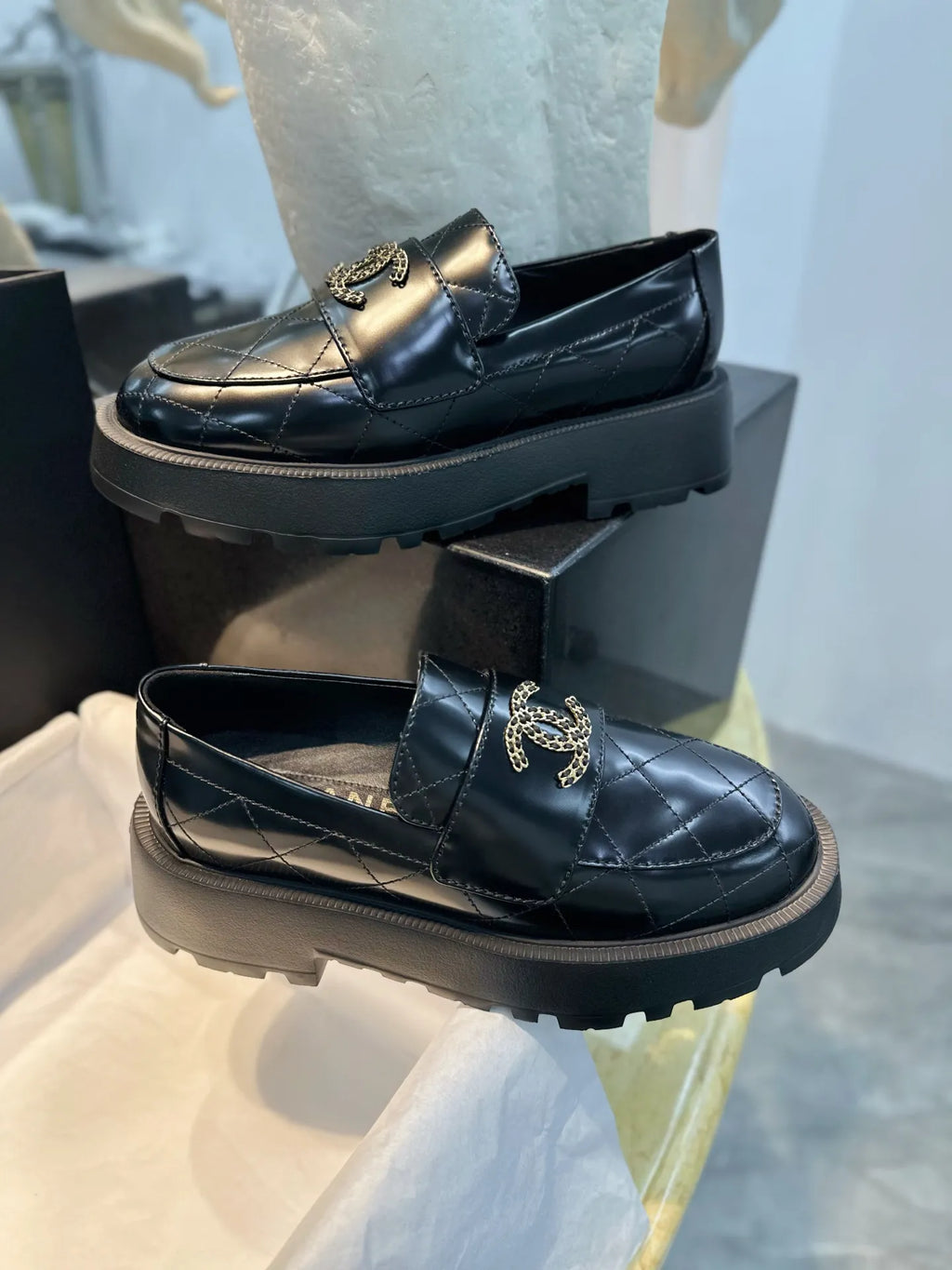 Chanel 24B Diamond Pattern Platform Loafers 543492
