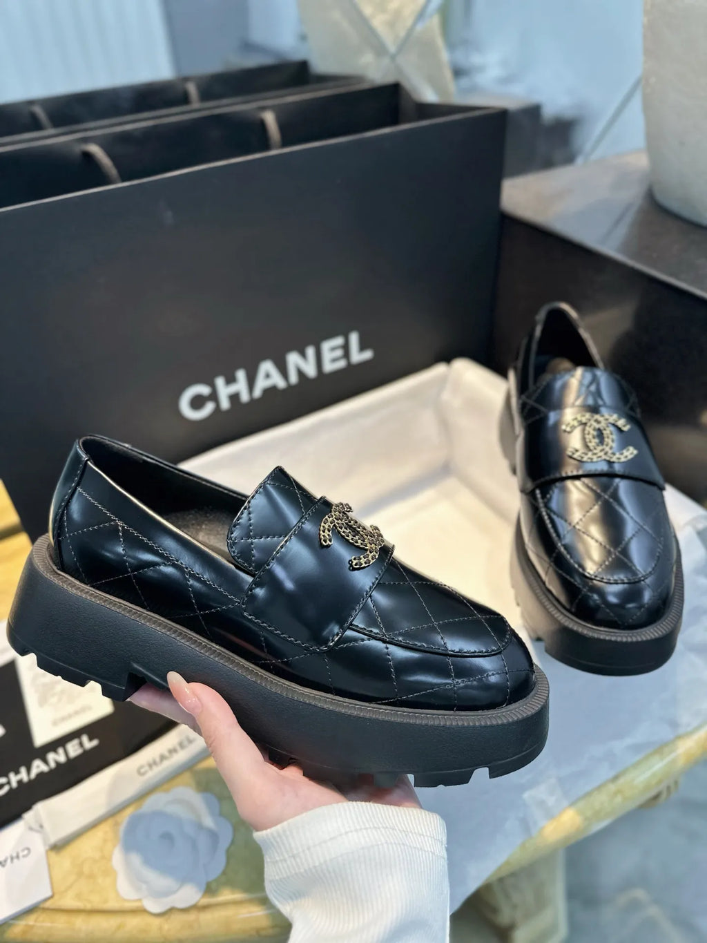 Chanel 24B Diamond Pattern Platform Loafers 543492