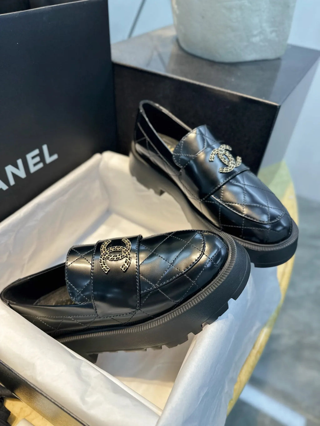 Chanel 24B Diamond Pattern Platform Loafers 543492