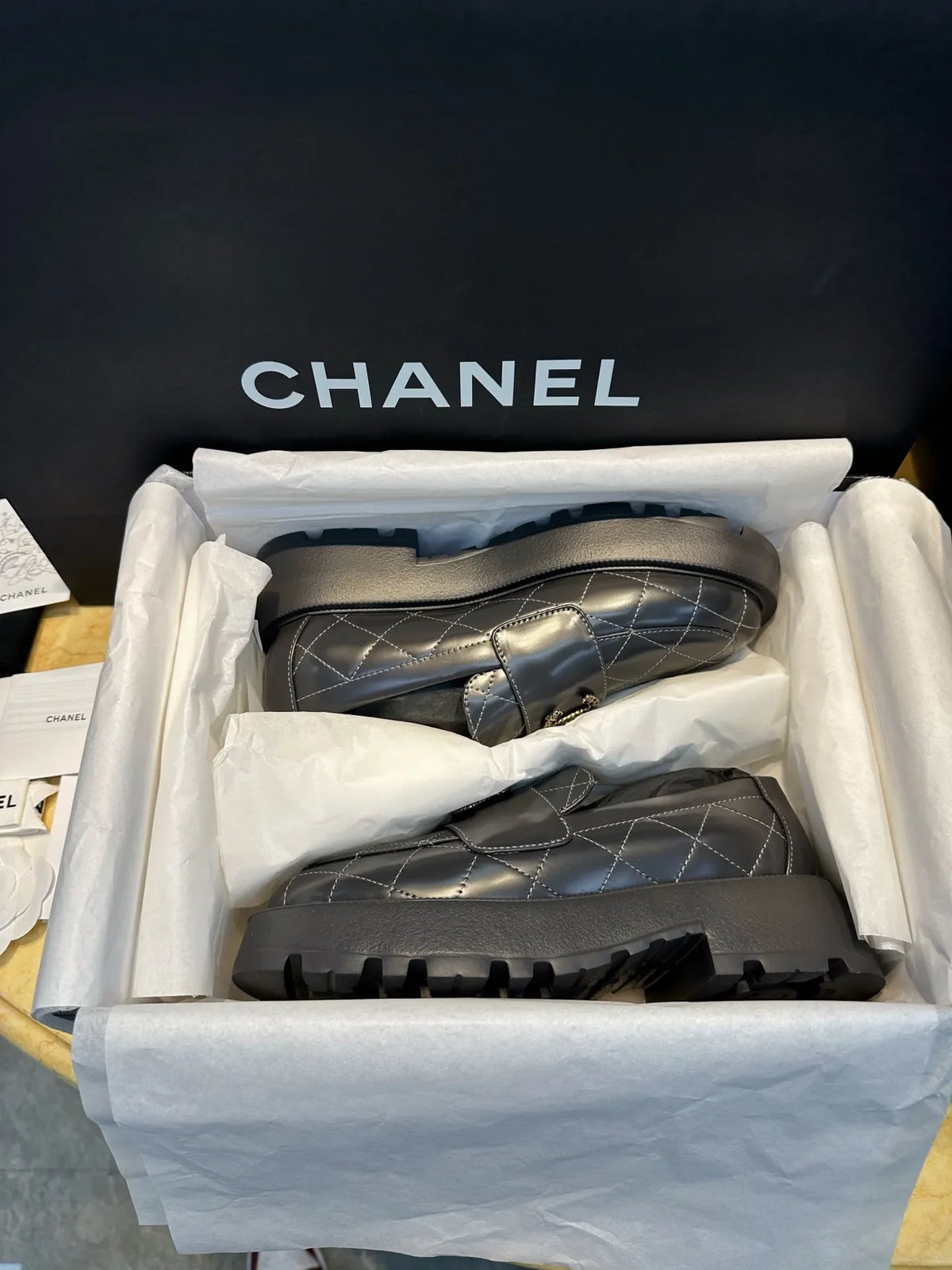 Chanel 24B Grey Quilted Platform Loafers 543421